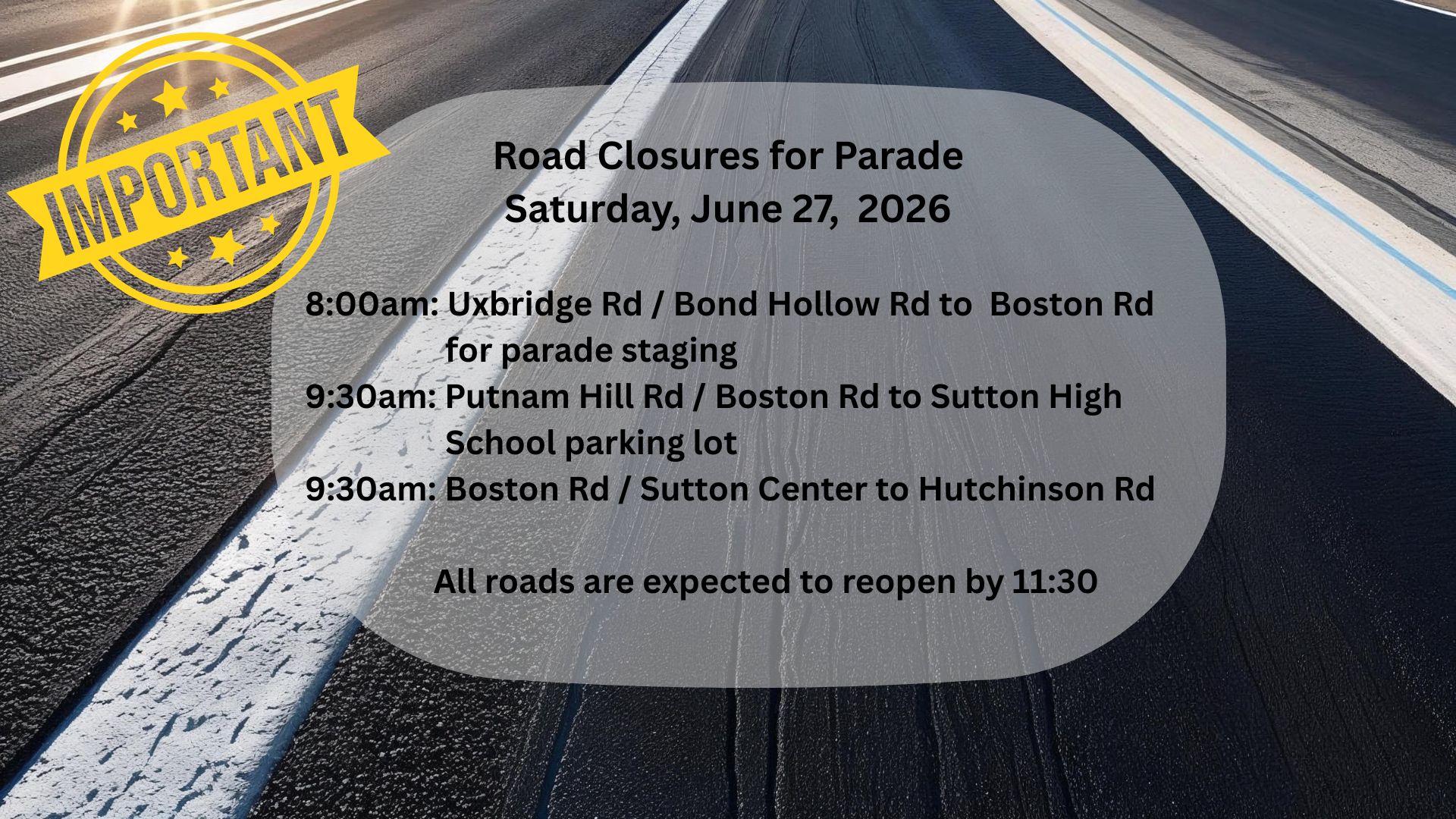 Planning Road Closure for Saturday, June 27