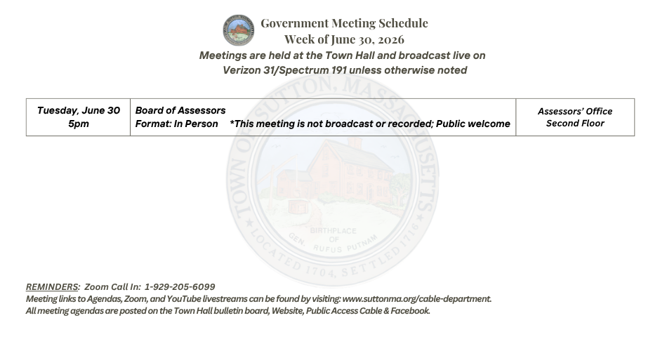 Government Meeting Schedule Week of June 29, 2026
