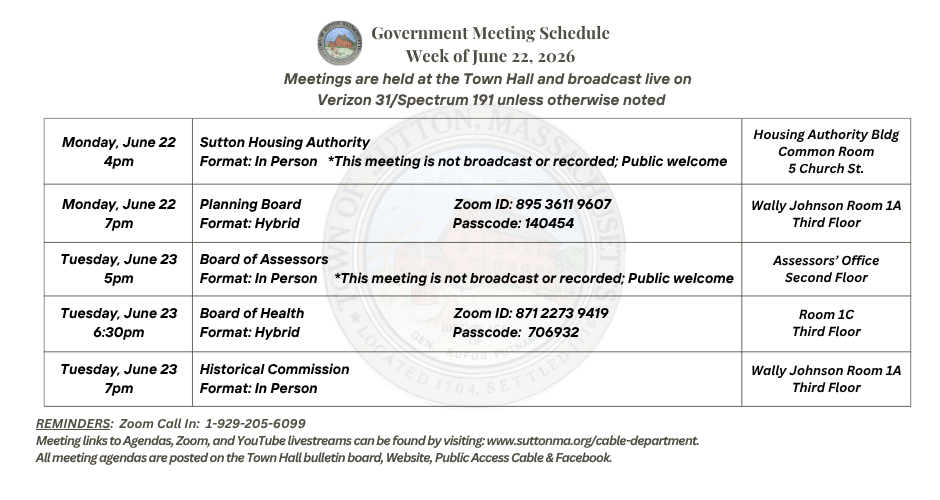 Government Meeting Schedule Week of June 22, 2026