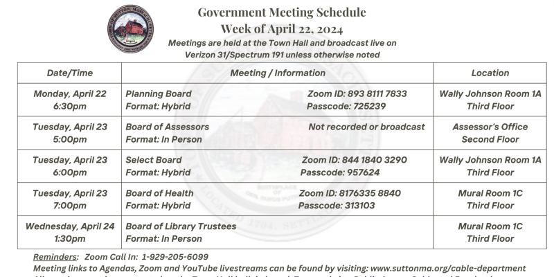 Government Meeting Schedule 04/22/2024