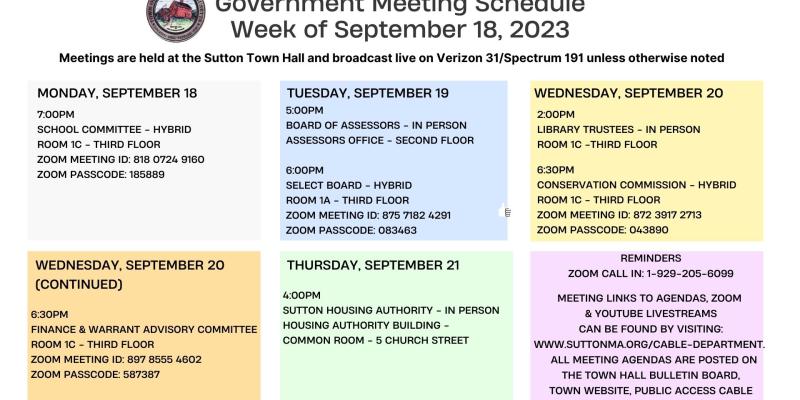 Government Meeting Schedule Week of 9/18