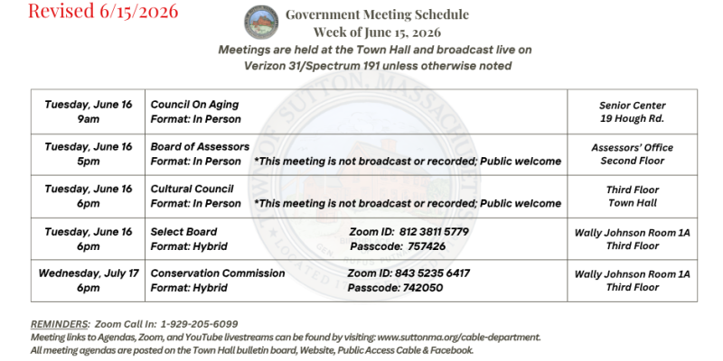 Government Meeting Schedule Week of June15, 2026 Government Meeting Schedule Week of June15, 2026