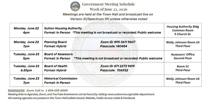 Government Meeting Schedule Week of June 22, 2026