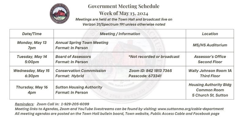 Government Meeting Schedule week of 5/13