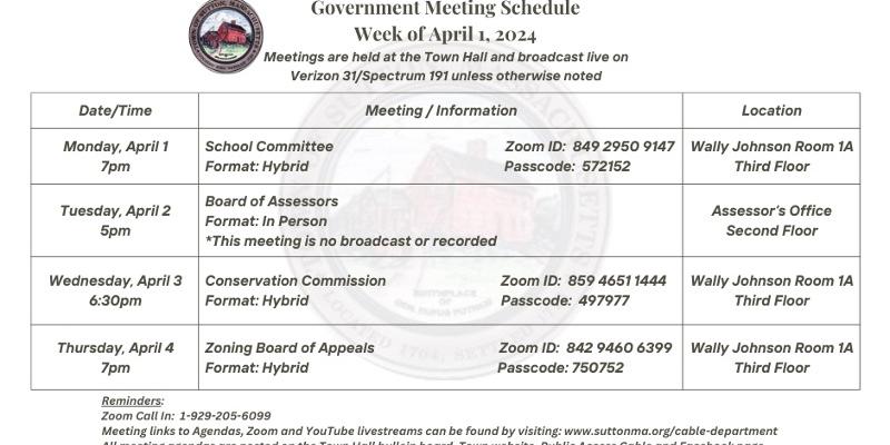 Government Meetings Week of 4/1/24