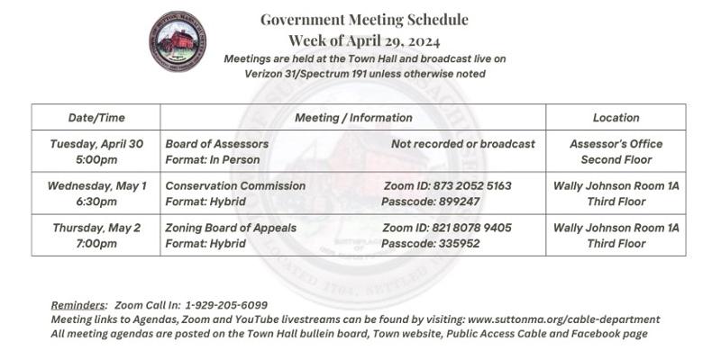 Government Meeting Schedule Week of 4/29/2024